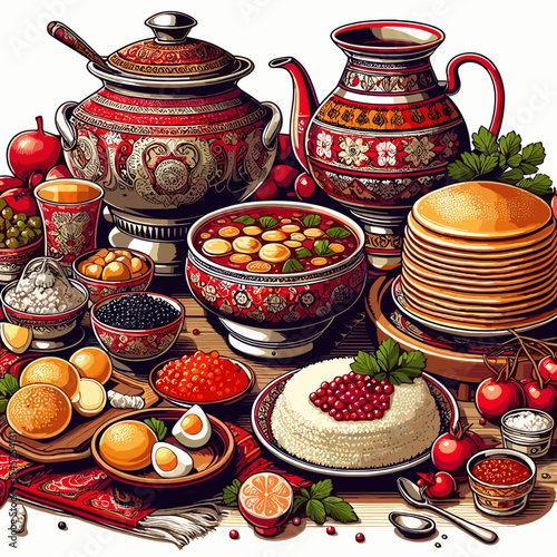Traditional Russian dining setting with various dishes, tableware, and garnishes