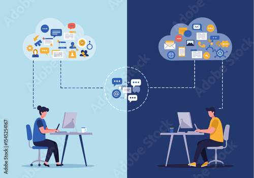 Flat vector of depicting remote work with two individuals working at separate desks