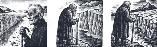 Elderly man with walking stick standing near glacier edge, detailed engraving woodcut design, brush stroke style, vintage postal stamp card art, nature exploration, rugged outdoor scene illustration