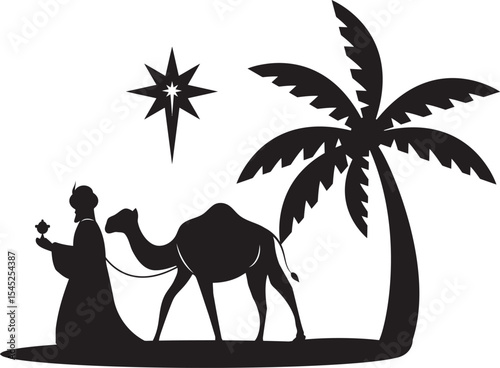 Journey to the Light: Silhouette of a wise figure leading a camel, guided by a bright star, embarking on a spiritual pilgrimage.