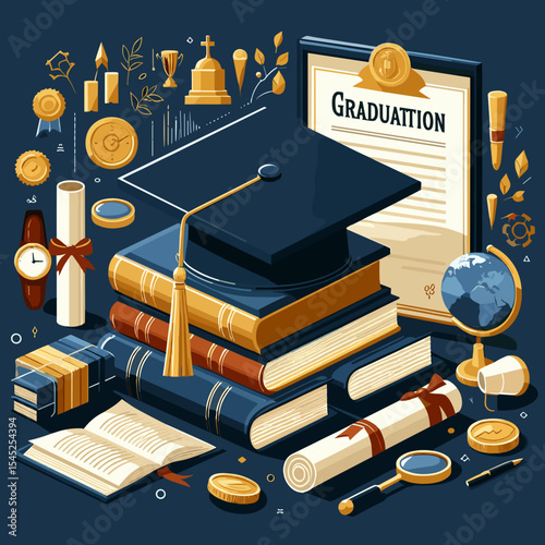 Graduation celebration illustration featuring a cap, diploma, books, and academic trophies