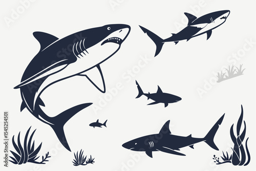 Great White Shark Silhouette Vector Set