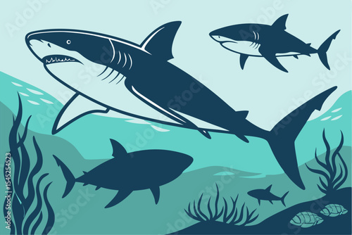 Collection of Great White Shark Black Silhouettes