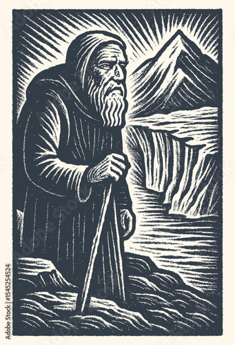 Engraving style woodcut of elder with walking stick standing near glacier edge, brush stroke postal stamp card design, vintage detailed line art, rustic nature scene illustration