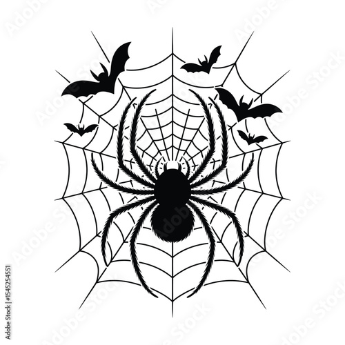 Creepy spider crawling on web silhouette with bats for spooky halloween posters or t-shirts