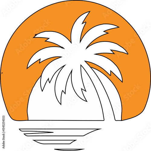 Tropical sunset silhouette: A tropical paradise scene, with a stylized silhouette of a palm tree set against a warm, orange sunset over the ocean's horizon. Capturing tranquility and vacation vibes.
