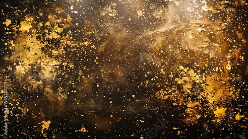 Abstract painting with a textured surface and gold paint splatters.