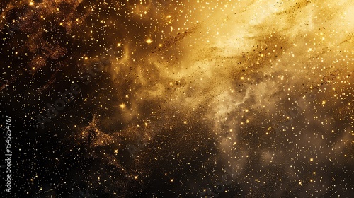 Golden glittering particles floating in the air with a glowing effect. Golden glitter texture background.