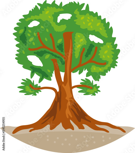 Majestic Tree Illustration: A vibrant illustration of a majestic tree with lush green foliage and a thick, textured trunk, standing tall and proud on a small mound of earth.