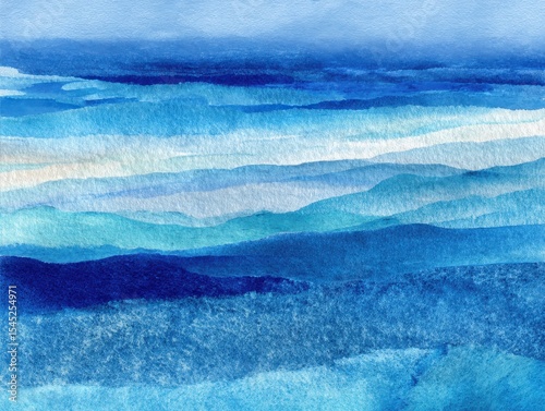 A beautiful watercolor painting depicts the different shades of blue in an abstract ocean wave composition, creating a calming and serene atmosphere.