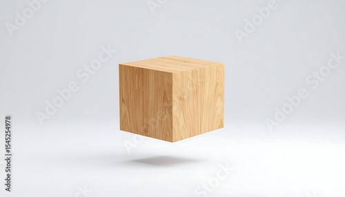 Wooden cube floating on white background.