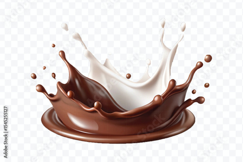 abstract 3d smooth liquid chocolate with white milk splash in crown style isolated on transparent background	
