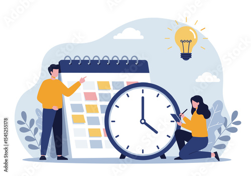 An illustration shows a man standing and pointing at a calendar with sticky notes, while a woman kneels beside a large clock, writing on a notepad, all set against a light blue background