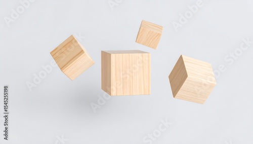 Wooden cubes floating on white background.