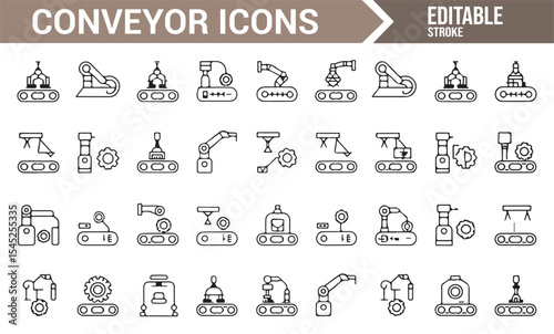 Conveyor System and Robotics Icons in Black and White
