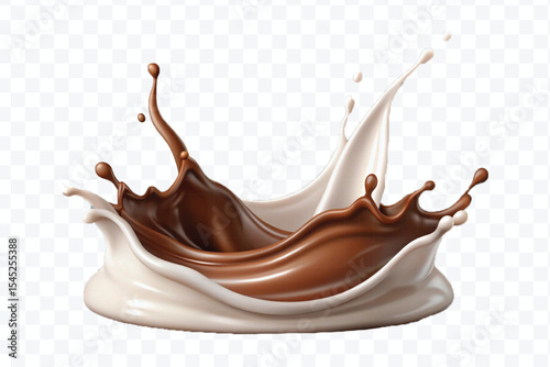 abstract 3d smooth liquid chocolate with white milk splash in crown style isolated on transparent background	
