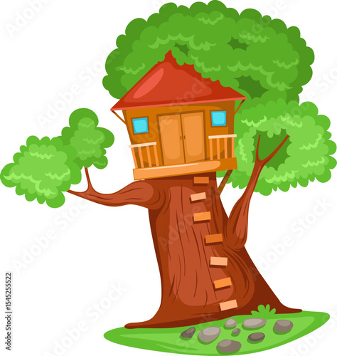 Whimsical Treehouse: A charming illustration of a whimsical treehouse nestled among lush green leaves, offering a cozy retreat into imagination and play.