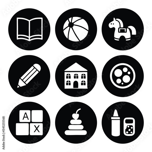 Black and white icon set featuring children's toys and educational symbols in circles