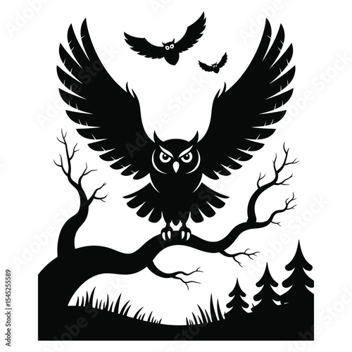 Flying owl silhouette with spread wings and sharp eyes in eerie forest night scene