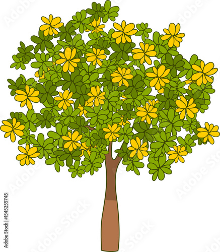Blooming Tree: A vibrant illustration of a blossoming tree, showcasing lush green foliage adorned with bright yellow flowers, symbolizing growth and vitality.
