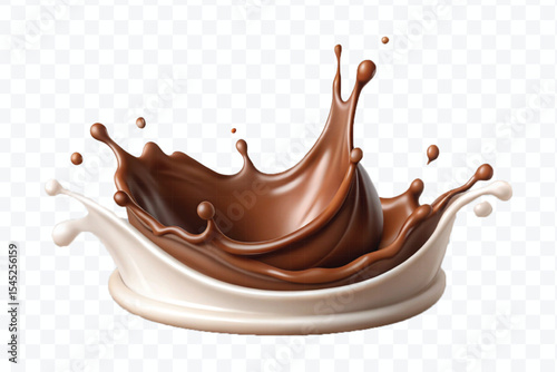 abstract 3d smooth liquid chocolate with white milk splash in crown style isolated on transparent background	
