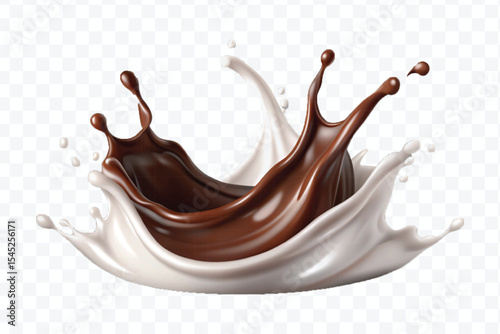 abstract 3d smooth liquid chocolate with white milk splash in crown style isolated on transparent background	
