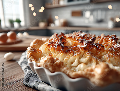 freshly baked pie with a golden-brown crust, placed on a wooden table in a modern kitchen setting. The background features a clean, spacious kitchen with white cabinets, a tiled backsplash