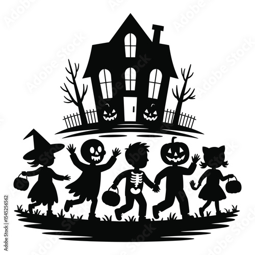  Halloween trick-or-treating scene with costumed kids and glowing jack-o'-lanterns