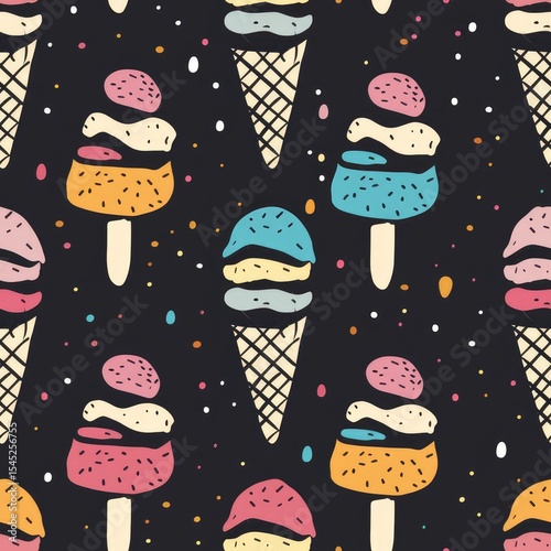 Ice cream cones and popsicles pattern on a black background