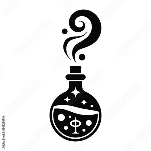 Magic potion bottle silhouette with swirling smoke and mysterious symbols for fantasy witchcraft theme concept