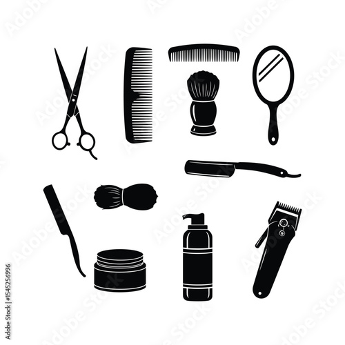 Barber Shop Tools Icons Scissors Combs Razor Shaving Brush Cream and Hair Clippers
