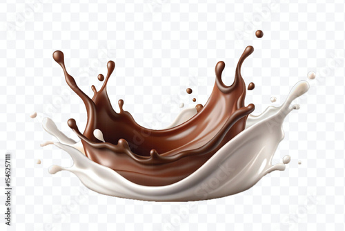 abstract 3d smooth liquid chocolate with white milk splash in crown style isolated on transparent background	
