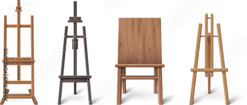 Wooden easels or painting art boards with white canvas front and side view
