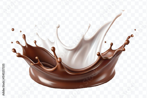 abstract 3d smooth liquid chocolate with white milk splash in crown style isolated on transparent background	
