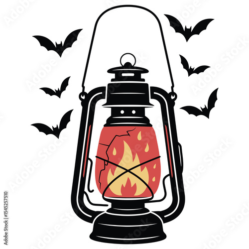 Old hanging lantern silhouette with chain and fire surrounded by bats in dark vintage horror style