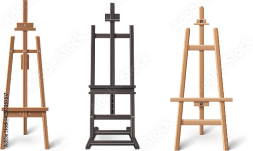 Wooden easels or painting art boards with white canvas front and side view
