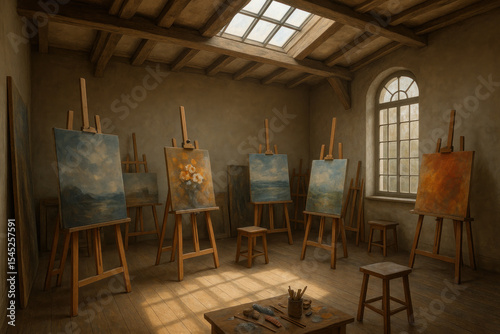 Artist painting at an easel in a studio with a large window.