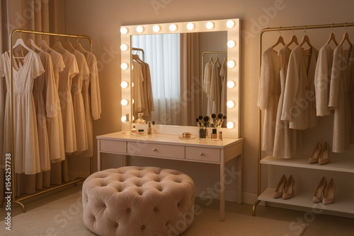Mirror reflection: a person sitting at a dressing table applying makeup in a dressing room.