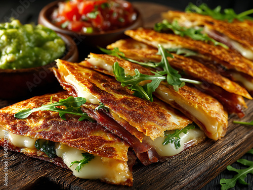 wooden platter with freshly made quesadillas topped with arugula. Accompanying the quesadillas are bowls of salsa and guacamole.