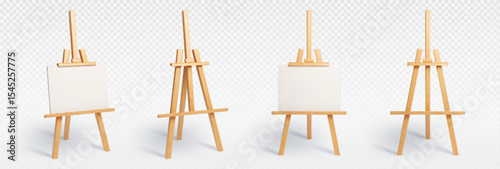 Wooden easels or painting art boards with white canvas front and side view
