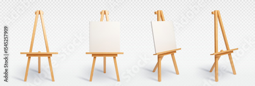 Wooden easels or painting art boards with white canvas front and side view
