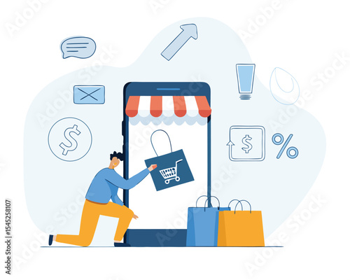  flat business online shopping and online payment concept. smartphone application technology. vector illustration cartoon character design. 