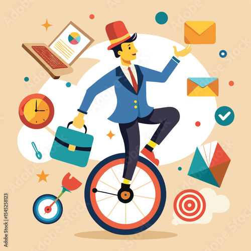 Businessman Juggling Workload Multitasking and Time Management Vector Illustration