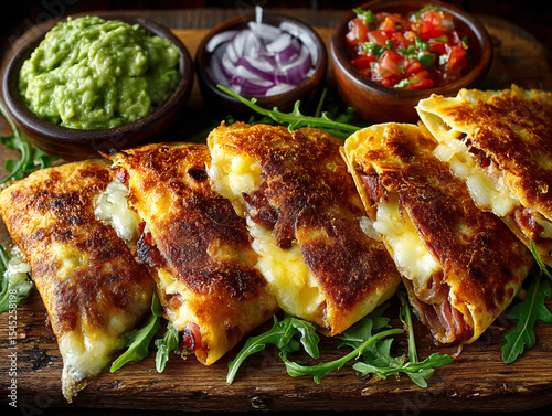 wooden platter with freshly made quesadillas topped with arugula. Accompanying the quesadillas are bowls of salsa and guacamole.