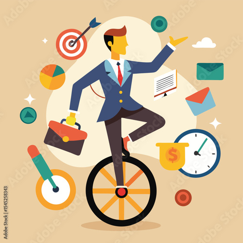 Businessman Juggling Tasks Balancing Work, Time, and Priorities