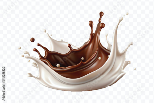 abstract 3d smooth liquid chocolate with white milk splash in crown style isolated on transparent background	
