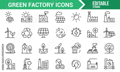 Set of Green Factory, Renewable Energy, and Recycling Icons