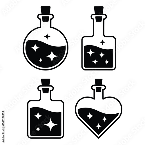 Set of potion bottle silhouettes in various shapes with cork stoppers and sparkles for magical themes