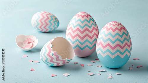 Pastel Easter eggs in decorative setting with cracked shells on light background for festive seasonal celebration