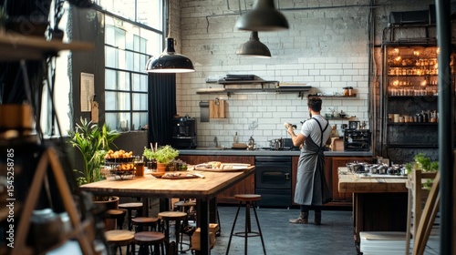 Fototapeta Naklejka Na Ścianę i Meble -  Interior of modern restaurant kitchen with chef cooking for hospitality gastronomy culinary and professional workspace photography